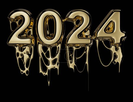 Téléchargez les photos : Conceptuel en or fondu 2024 signe 3D rendu avec chemin de coupe à placer sur n'importe quel arrière-plan. - en image libre de droit