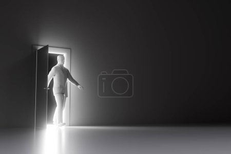 Téléchargez les photos : Illustration 3D conceptuelle de l'homme d'affaires masculin traversant la porte avec une lumière éclatante dans la pièce. - en image libre de droit
