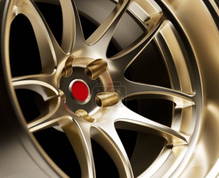 Téléchargez les photos : Illustration 3D de roue de course en bronze brillant avec capuchon central rouge. - en image libre de droit