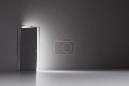 Téléchargez les photos : Illustration 3D conceptuelle de la porte ouverte avec une lumière brillante dans la pièce. - en image libre de droit
