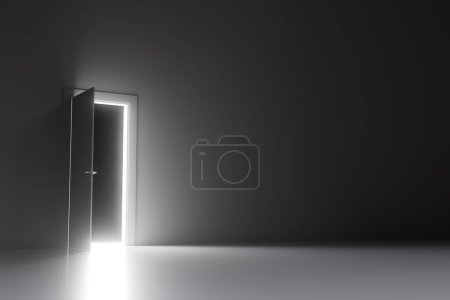Téléchargez les photos : Illustration 3D conceptuelle de la porte ouverte avec une lumière éclatante dans la pièce. Chemin de coupe inclus pour l'ouverture de la porte. - en image libre de droit