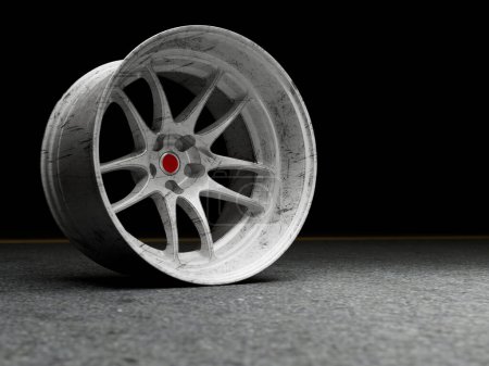 Téléchargez les photos : Illustration 3D de roue de course blanche fortement utilisée et rayée avec capuchon central rouge. - en image libre de droit