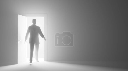 Téléchargez les photos : Illustration 3D conceptuelle de l'homme d'affaires masculin marchant à travers la porte avec une lumière éclatante dans - en image libre de droit