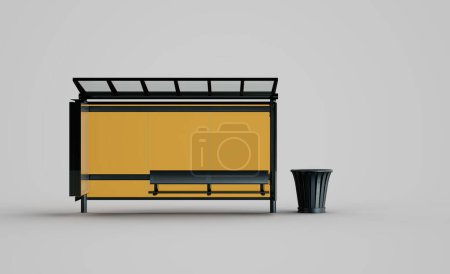 Téléchargez les photos : Illustration 3D de l'arrêt de bus moderne avec verre teinté ambré et poubelle sur fond blanc. - en image libre de droit