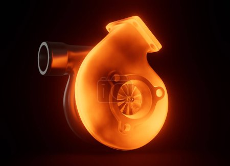 Foto de Ilustración conceptual en 3D del turbocompresor rojo brillante sobre fondo negro. - Imagen libre de derechos