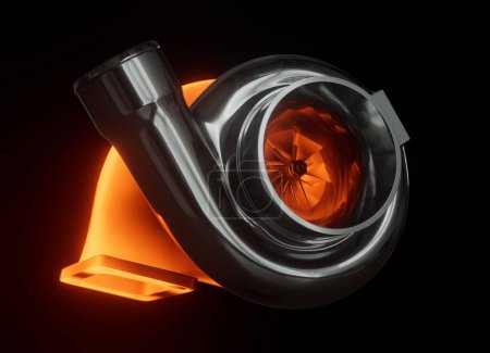 Téléchargez les photos : Illustration 3D conceptuelle d'un turbocompresseur rouge vif sur fond noir. - en image libre de droit
