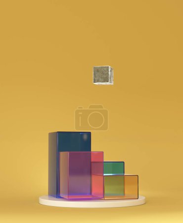 Téléchargez les photos : Une composition abstraite en 3D de cubes de verre transparent coloré sur piédestal sur fond propre. - en image libre de droit