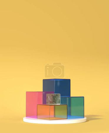 Téléchargez les photos : Une composition abstraite en 3D de cubes de verre transparent coloré sur piédestal sur fond propre. - en image libre de droit
