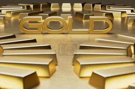 Téléchargez les photos : Une illustration 3D abstraite de nombreux lingots d'or dans un motif radial et le mot OR au centre. - en image libre de droit