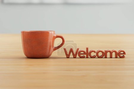 Téléchargez les photos : Orange 3D rendu tasse de café sur comptoir en bois avec titre de bienvenue. - en image libre de droit