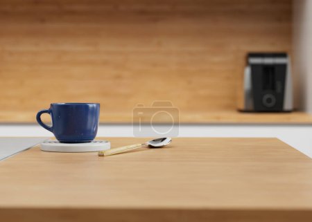 Téléchargez les photos : Scène de cuisine avec tasse à café, cuillère et grille-pain sur le comptoir. Illustration 3D. - en image libre de droit