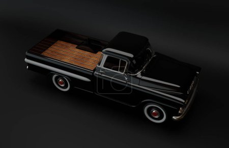 Téléchargez les photos : Camion américain classique illustré en 3D sur fond noir. - en image libre de droit