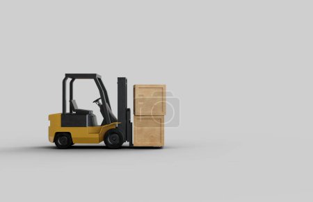 Téléchargez les photos : Chariot élévateur industriel jaune illustré en 3D avec des boîtes en bois sur des fourches assises sur le sol. - en image libre de droit