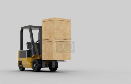 Téléchargez les photos : Chariot élévateur isolé avec boîtes en bois sur fond blanc. Rendu 3D - en image libre de droit