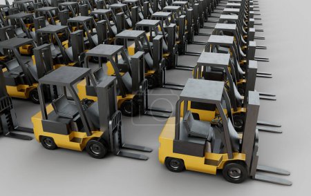 Téléchargez les photos : Parc illustré en 3D de chariots élévateurs industriels criards fourches assises sur le sol. - en image libre de droit