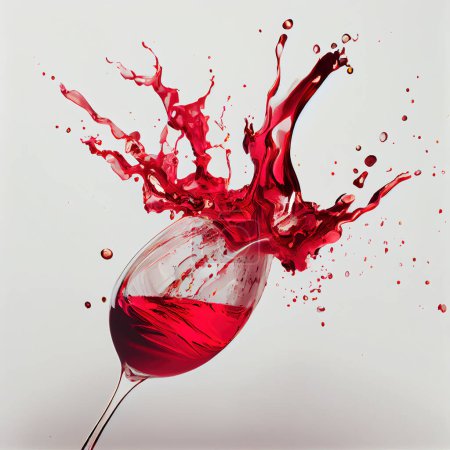 Photo for Merlot, wine glass with spilled wine. splash wine over white background. background for sommelier or wine tasting - Royalty Free Image