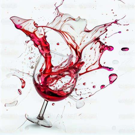Foto de Merlot, copa de vino con vino derramado. salpicadura de vino sobre fondo blanco. fondo para cata de sommelier o vino - Imagen libre de derechos
