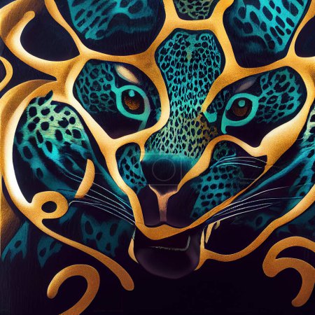 Téléchargez les photos : Afrique, formes colorées en forme de tête de tigre, léopard ou jaguar, tissées à partir de fils d'or, fond abstrait créatif - en image libre de droit