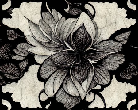 Photo for Watercolor, rice paper texture with flower drawn with black ink, japanese creative background - Royalty Free Image