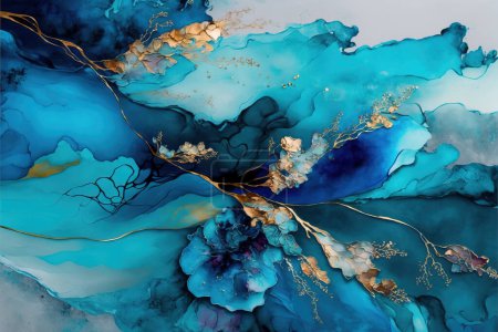 Foto de Marble, alcohol paint in blue with gold trim, creative decorative background for artistic presentations - Imagen libre de derechos