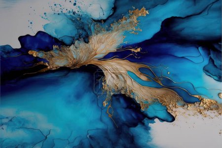 Téléchargez les photos : Alcohol paint in blue with gold trim, creative decorative background for artistic presentations - en image libre de droit