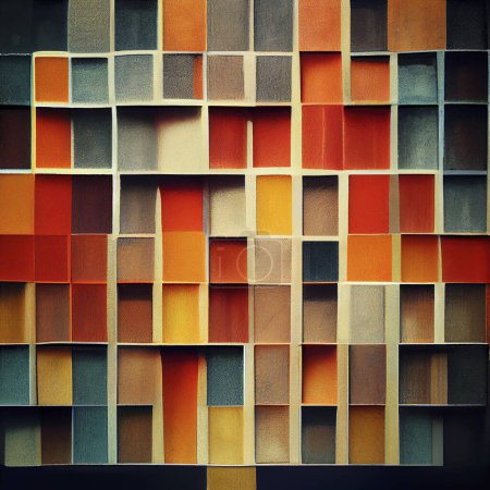 Foto de Cajas geométricas, coloridas, pared de piezas cuadradas como fondo para papel pintado o diseño base creativo - Imagen libre de derechos