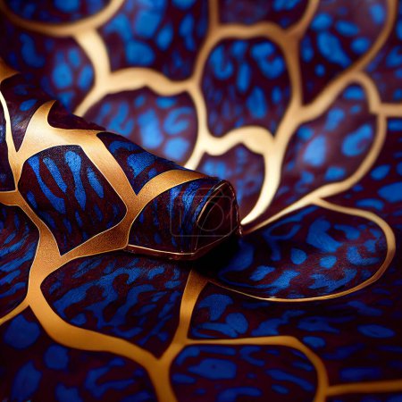 Photo for Colored shapes in the shape of dragon or turtle scales or fantastic animal, woven with golden threads, creative abstract background - Royalty Free Image