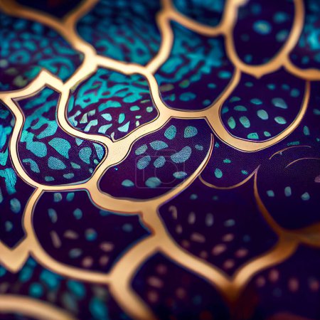 Foto de Formas de colores en forma de escamas de dragón o tortuga o animales fantásticos, tejidos con hilos de oro, fondo abstracto creativo - Imagen libre de derechos