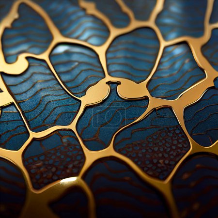 Photo for Colored shapes in the shape of dragon or turtle scales or fantastic animal, woven with golden threads, creative abstract background - Royalty Free Image