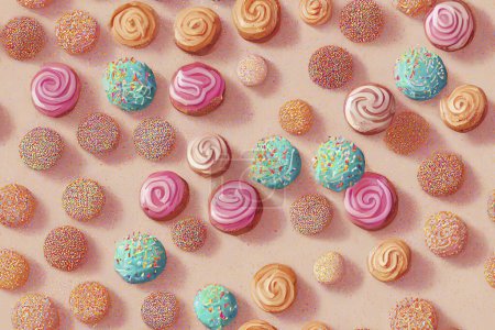 Foto de Donuts en filas de colores y sabrosos sabores. fondo creativo de dulces y dulces, postres coloridos y deliciosos - Imagen libre de derechos