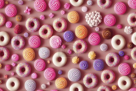 Photo for Donuts in rows of colors and tasty flavors. creative background of sweets and candies, colorful and delicious desserts - Royalty Free Image