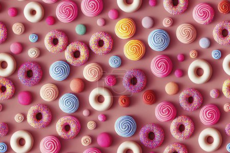 Foto de Donuts en filas de colores y sabrosos sabores. fondo creativo de dulces y dulces, postres coloridos y deliciosos - Imagen libre de derechos