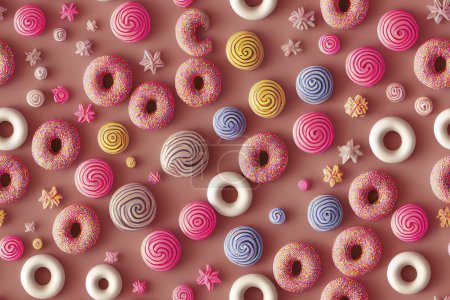 Téléchargez les photos : Illustration, Donuts en rangées de couleurs et saveurs savoureuses. fond créatif de bonbons et de bonbons, desserts colorés et délicieux - en image libre de droit