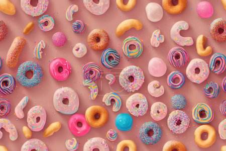 Foto de Ilustración, Donuts en filas de colores y sabrosos sabores. fondo creativo de dulces y dulces, postres coloridos y deliciosos - Imagen libre de derechos