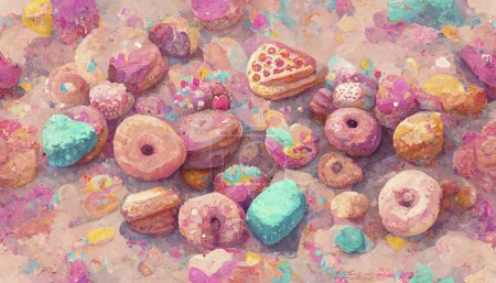 Téléchargez les photos : Donuts en rangées de couleurs et saveurs savoureuses. fond créatif de bonbons et de bonbons, desserts colorés et délicieux - en image libre de droit