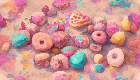 Téléchargez les photos : Doux, Donuts en rangées de couleurs et saveurs savoureuses. fond créatif de bonbons et de bonbons, desserts colorés et délicieux - en image libre de droit