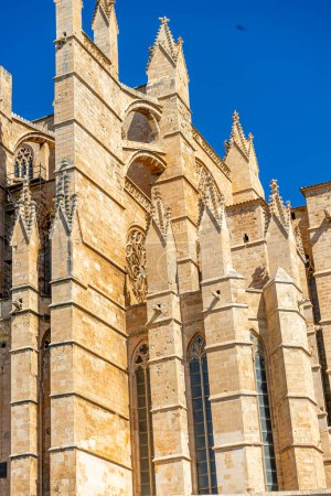 Foto de Espirales de remolque, mampostería ornamentada y encanto gótico atraen desde las vistas exteriores del famoso monumento religioso de Mallorca - Imagen libre de derechos