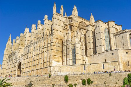 Foto de Espirales de remolque, mampostería ornamentada y encanto gótico atraen desde las vistas exteriores del famoso monumento religioso de Mallorca - Imagen libre de derechos