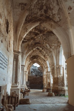 Tonos cálidos envuelven los majestuosos arcos y rosetones del claustro del Monasterio de Piedra, irradiando grandeza histórica.