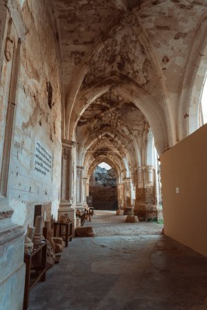 Des tons chauds enveloppent les majestueuses arches et rosettes du cloître du Monasterio de Piedra, rayonnant de grandeur historique.