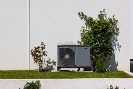 Téléchargez les photos : Pompe à chaleur dans un nouveau bâtiment avec des façades de maison modernes de l'Allemagne du Sud par une journée ensoleillée au printemps - en image libre de droit