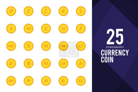 Téléchargez les illustrations : 25 Currency Coin Flat icon pack. vector illustration. - en licence libre de droit