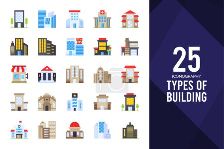 Téléchargez les illustrations : 25 Types de Bâtiment Pack d'icônes plates. illustration vectorielle. - en licence libre de droit