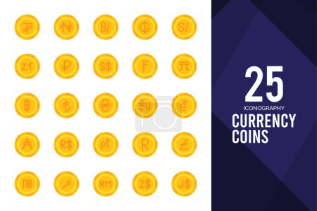 Ilustración de 25 Currency Coins Flat icon pack. vector illustration. - Imagen libre de derechos