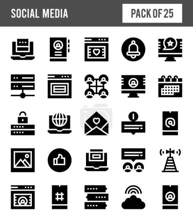 Téléchargez les illustrations : 25 Social Media Glyph icon pack. vector illustration. - en licence libre de droit