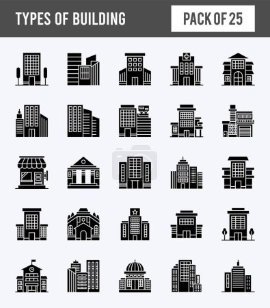 Téléchargez les illustrations : 25 types de pack d'icônes Glyphe Bâtiment. illustration vectorielle. - en licence libre de droit