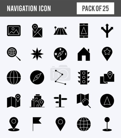 Téléchargez les illustrations : Pack d'icônes Glyphe de navigation 25. illustration vectorielle. - en licence libre de droit