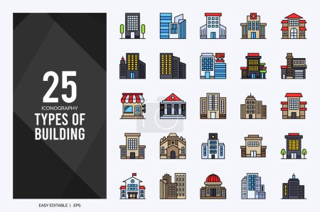 Téléchargez les illustrations : 25 types de pack d'icônes couleur ligne de construction. illustration vectorielle. - en licence libre de droit