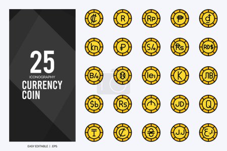 Ilustración de 25 Currency Coin Lineal Color icon pack. vector illustration. - Imagen libre de derechos