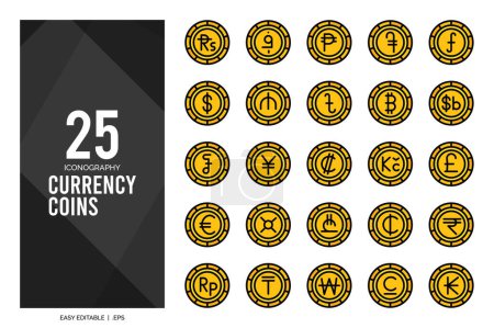 Ilustración de 25 Currency Coins Lineal Color icon pack. vector illustration. - Imagen libre de derechos
